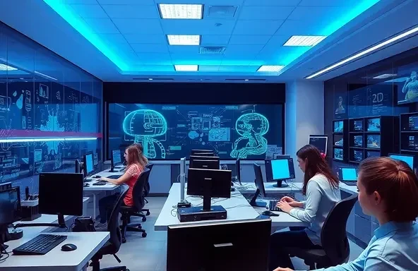 modern technology education classroom with blue tones students using advanced equipment futuristic learning environment Netgroup